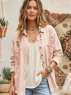 POL Light Pink Distressed Jean Shacket